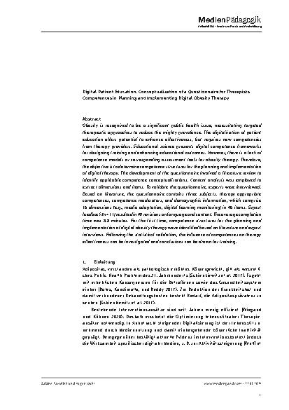 Vorschauseite 2: Digitale Patient:innenschulung: Konzeption eines Erhebungsinstruments für Kompetenzen von Therapeut:innen zur Planung und Umsetzung digitaler Adipositas-Therapie