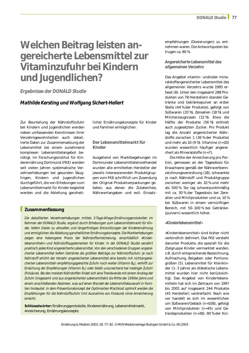 Vorschauseite 1: Welchen Beitrag leisten angereicherte Lebensmittel zur Vitaminzufuhr bei Kindern und Jugendlichen? - Ergebnisse der DONALD Studie