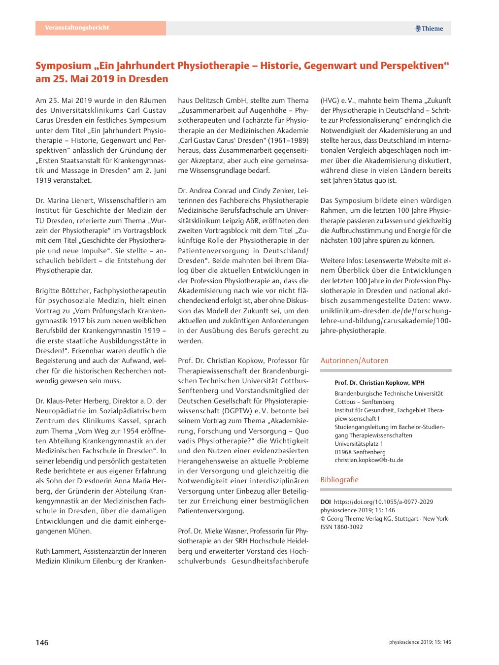 Vorschauseite 1: Symposium „Ein Jahrhundert Physiotherapie – Historie, Gegenwart und Perspektiven“ am 25. Mai 2019 in Dresden