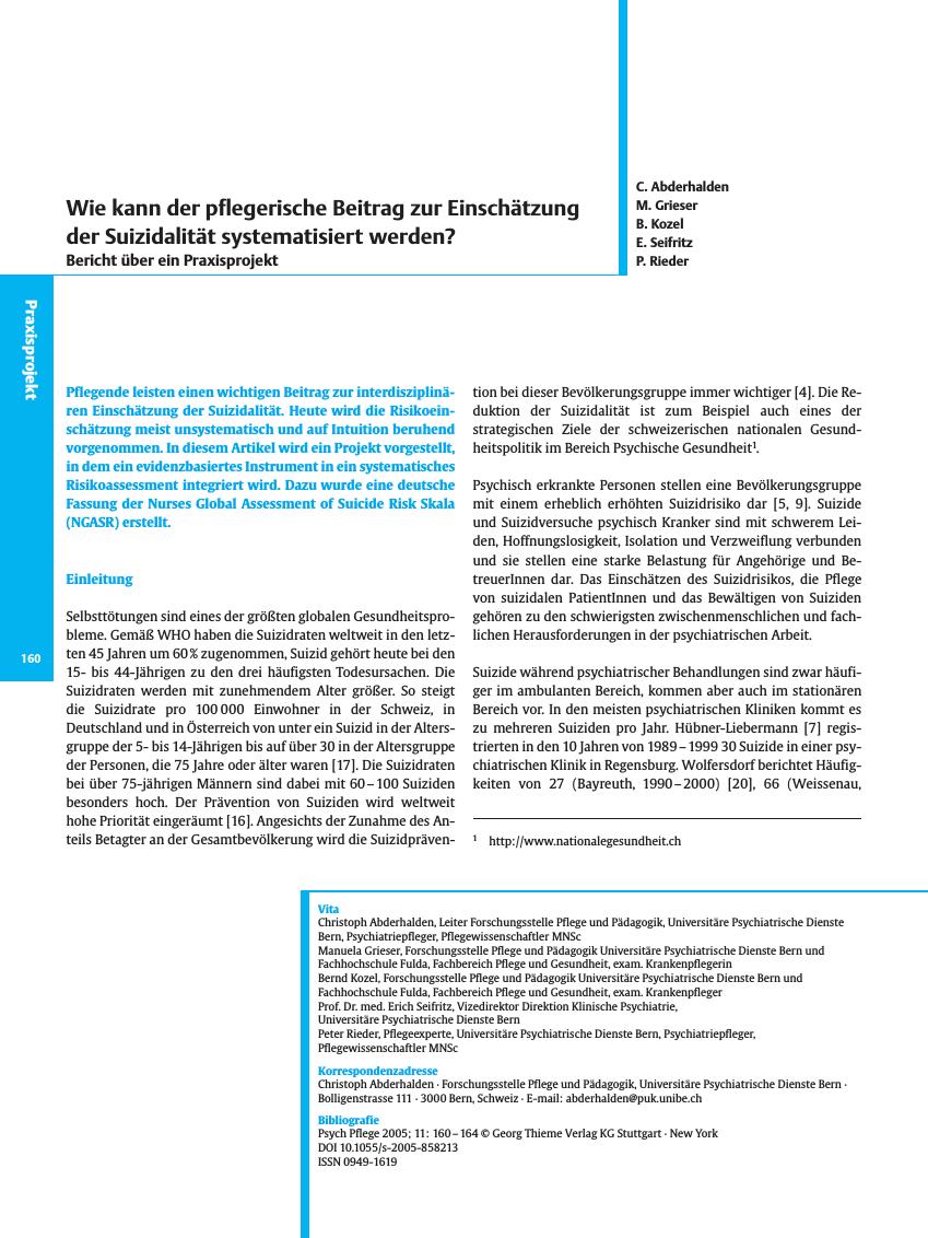 Vorschauseite 1: Wie kann der pflegerische Beitrag zur Einschätzung der Suizidalität systematisiert werden?