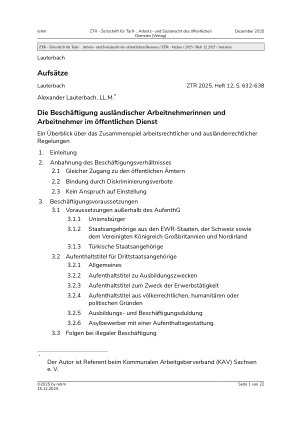 Vorschauseite 1: Die Beschäftigung ausländischer Arbeitnehmerinnen und Arbeitnehmer im öffentlichen Dienst