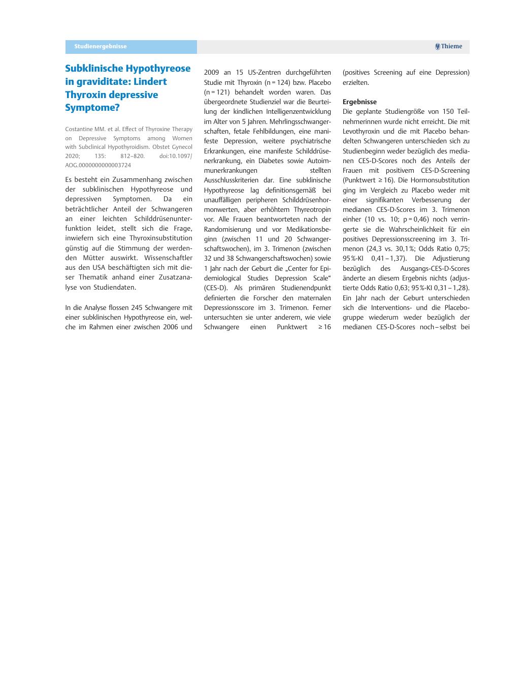 Vorschauseite 1: Subklinische Hypothyreose in graviditate: Lindert Thyroxin depressive Symptome?