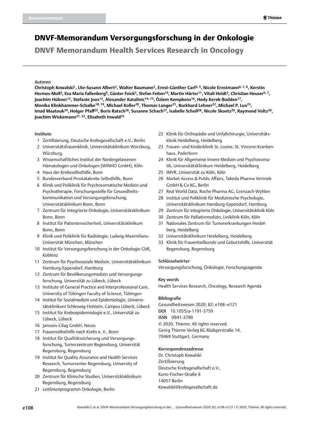 Vorschauseite 1: DNVF-Memorandum Versorgungsforschung in der Onkologie