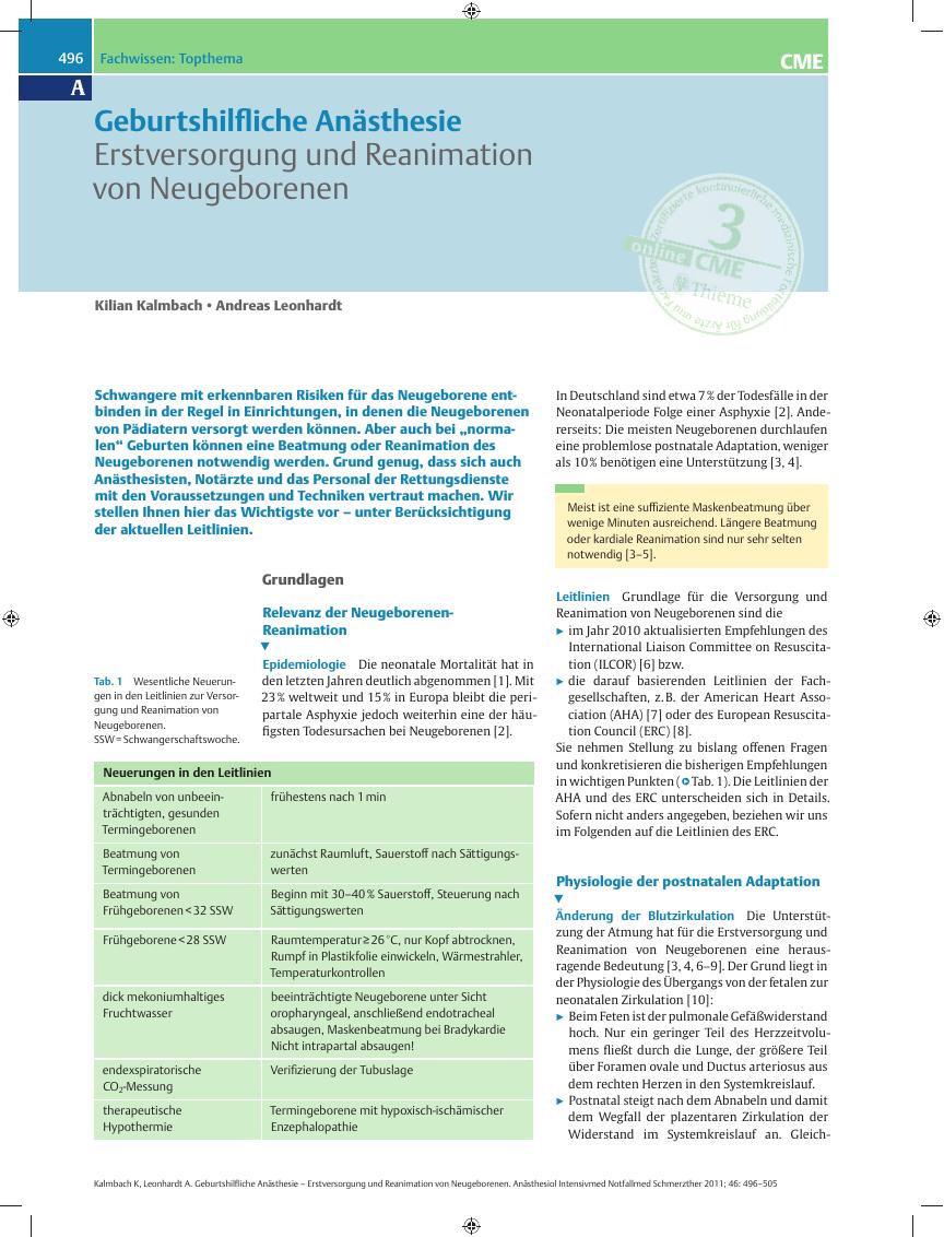 Vorschauseite 1: Geburtshilfliche Anästhesie – Erstversorgung und Reanimation von Neugeborenen
