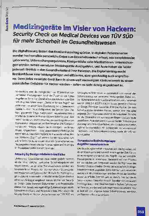 Vorschauseite 1: Medizingeräte om Visier v©n Hackern: Security Check on Medical Devices von TÜV SÜD für mehr Sicherheit im Gesundheitswesen