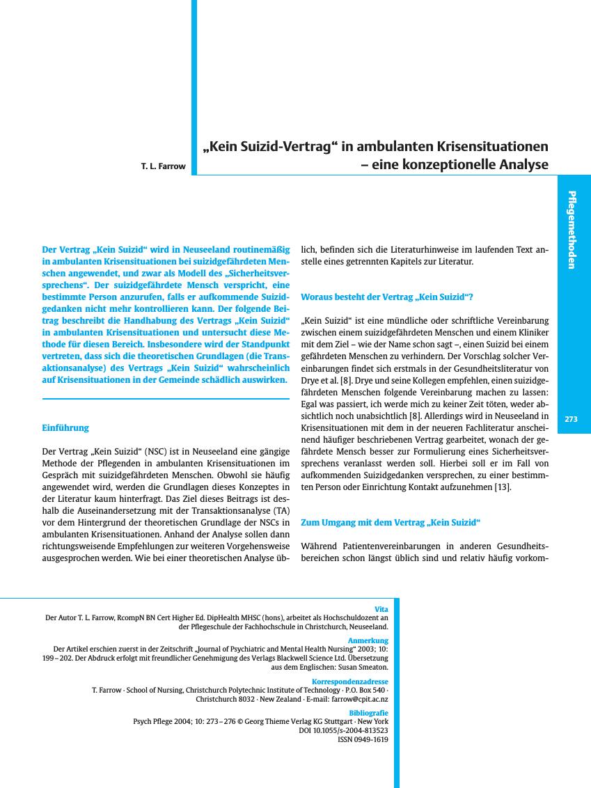 Vorschauseite 1: „Kein Suizid-Vertrag” in ambulanten Krisensituationen - eine konzeptionelle Analyse