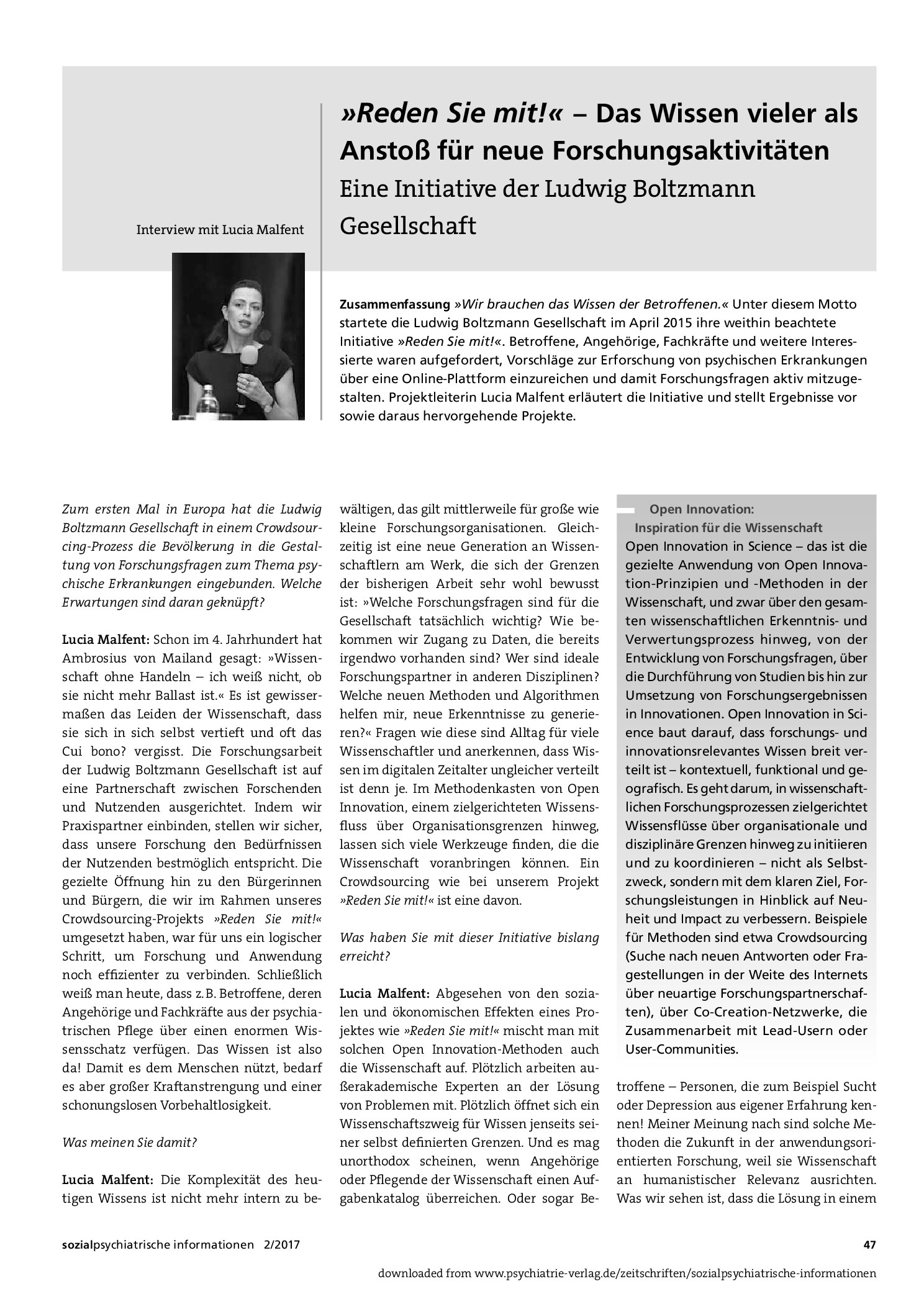 Vorschauseite 1: »Reden Sie mit!« – Das Wissen vieler als Anstoß für neue Forschungsaktivitäten. Eine Initiative der Ludwig Boltzmann Gesellschaft