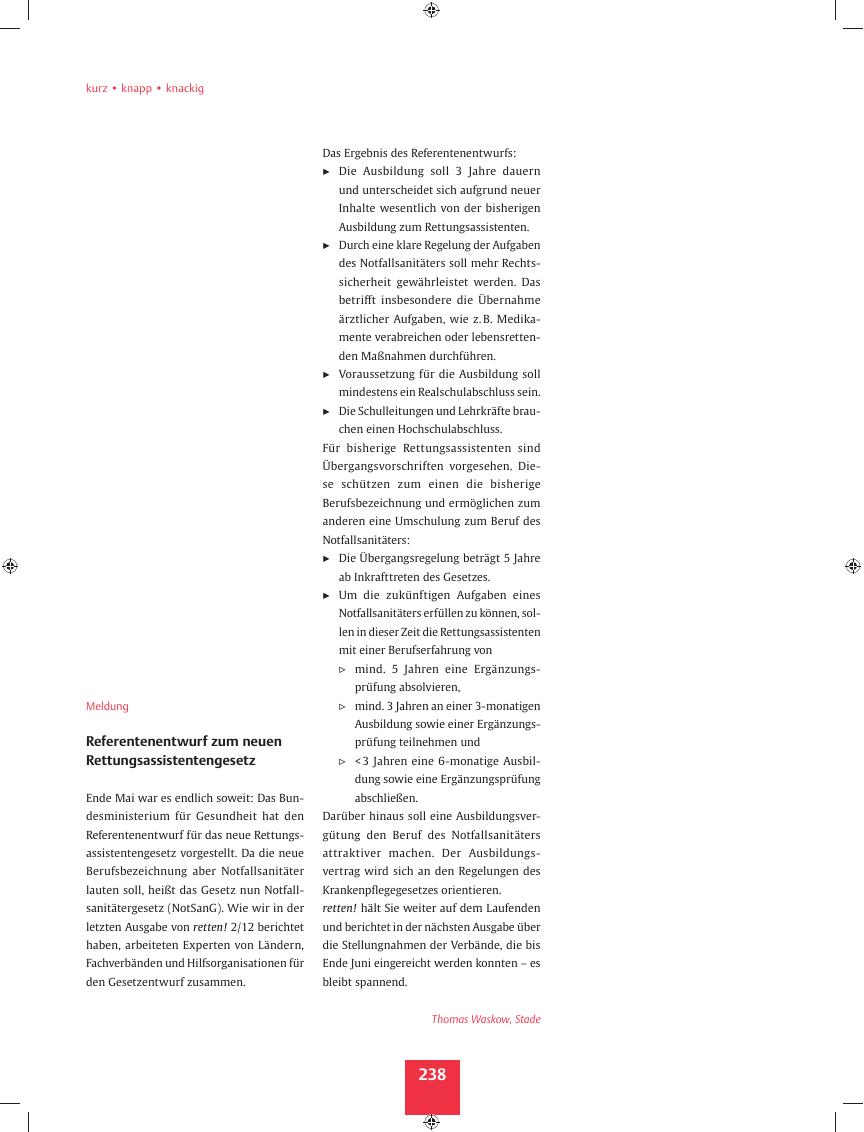 Vorschauseite 1: Meldung ? Referentenentwurf zum neuen Rettungsassistentengesetz