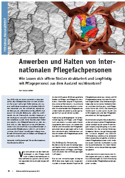 Vorschauseite 1: Anwerben und Halten von internationalen Pflegefachpersonen. Wie lassen sich offene Stellen strukturiert und langfristig mit Pflegepersonal aus dem Ausland nachbesetzen?