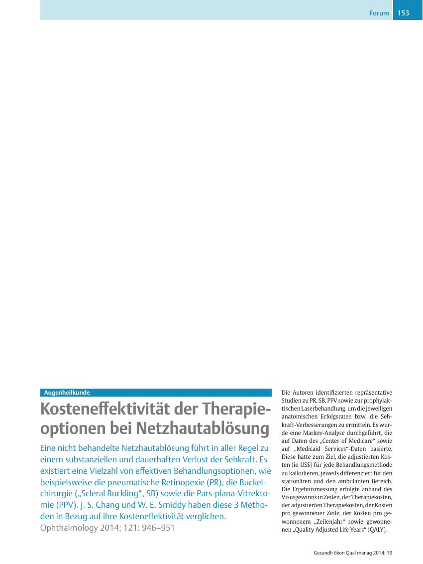 Vorschauseite 1: Augenheilkunde ? Kosteneffektivität der Therapieoptionen bei Netzhautablösung