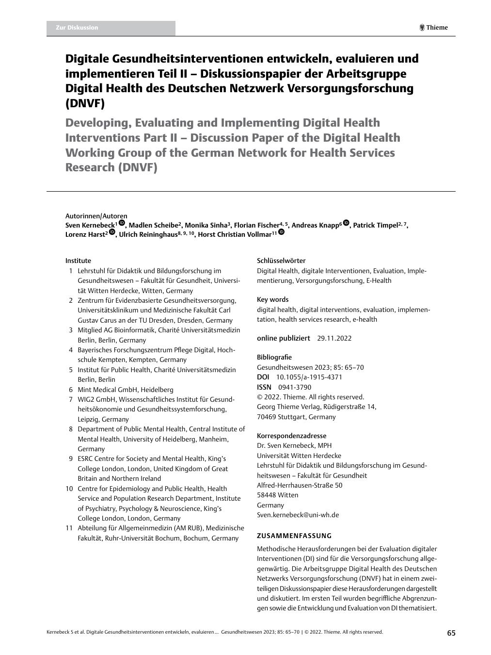 Vorschauseite 1: Digitale Gesundheitsinterventionen entwickeln, evaluieren und implementieren Teil II – Diskussionspapier der Arbeitsgruppe Digital Health des Deutschen Netzwerks Versorgungsforsch…