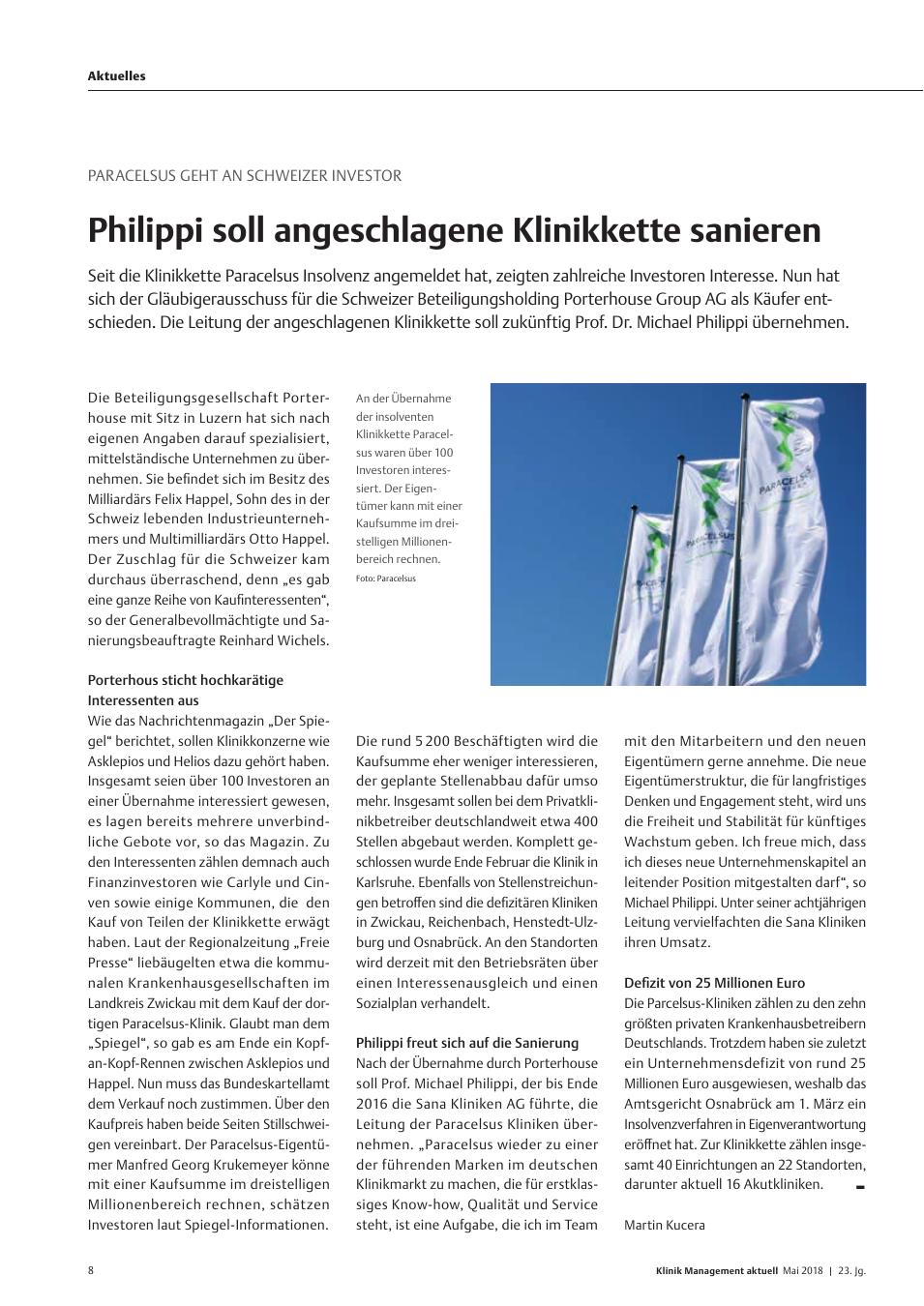 Vorschauseite 1: Paracelsus geht an Schweizer Investor: Philippi soll angeschlagene Klinikkette sanieren