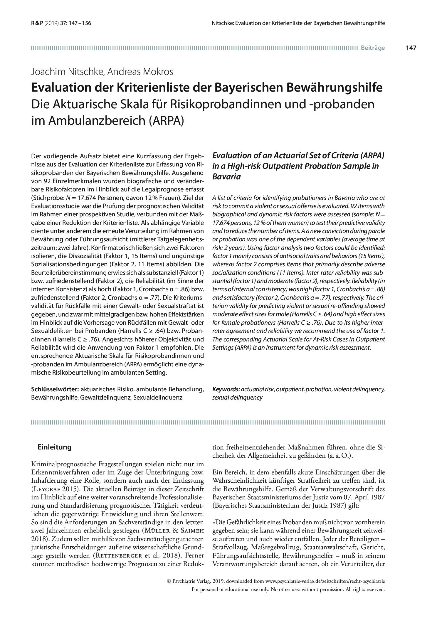 Vorschauseite 1: Evaluation der Kriterienliste der Bayerischen Bewährungshilfe: Die aktuarische Skala für Risikoprobandinnen und -probanden im Ambulanzbereich (ARPA)