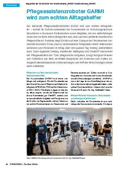 Vorschauseite 1: Pflegeassistenzroboter GARMI wird zum echten Alltagshelfer