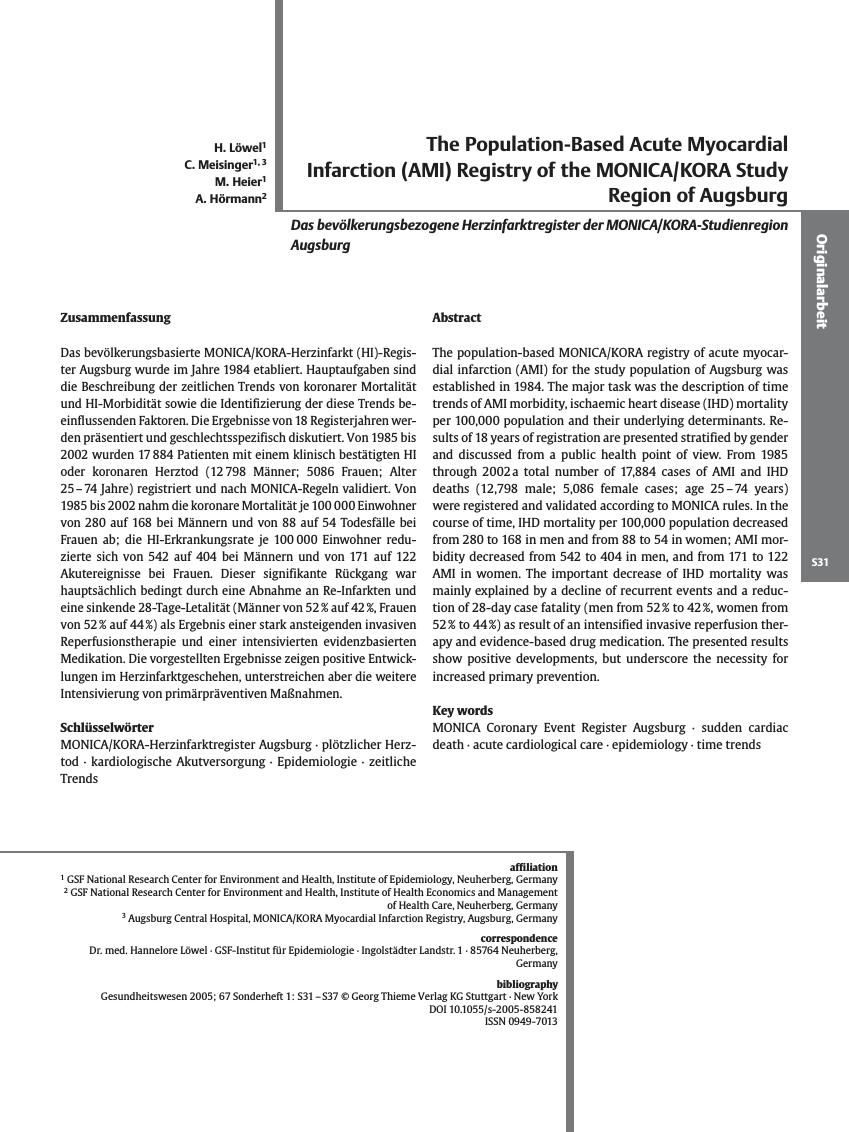 Vorschauseite 1: The Population-Based Acute Myocardial Infarction (AMI) Registry of the MONICA/KORA Study Region of Augsburg