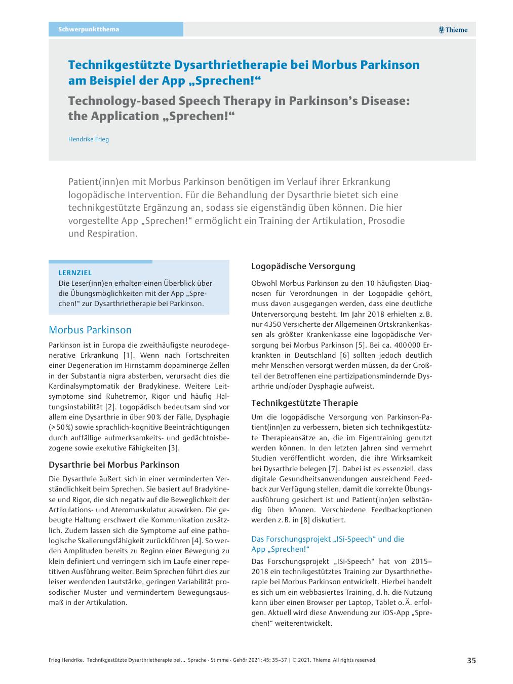 Vorschauseite 1: Technikgestützte Dysarthrietherapie bei Morbus Parkinson am Beispiel der App "Sprechen! "