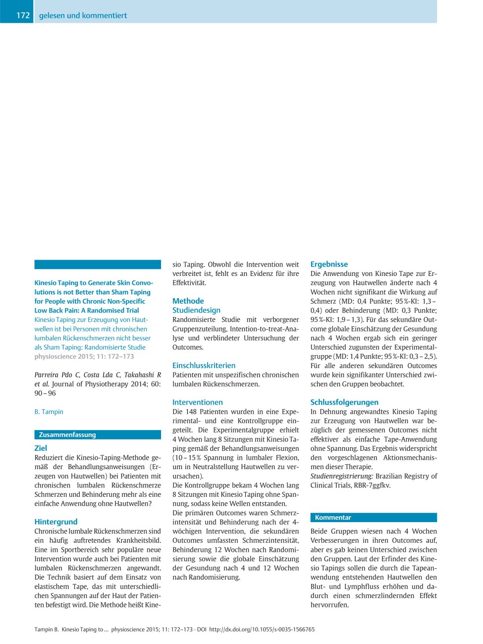 Vorschauseite 1: Kinesio Taping to Generate Skin Convolutions is not Better than Sham Taping for People with Chronic Non-Specific Low Back Pain: A Randomised Trial