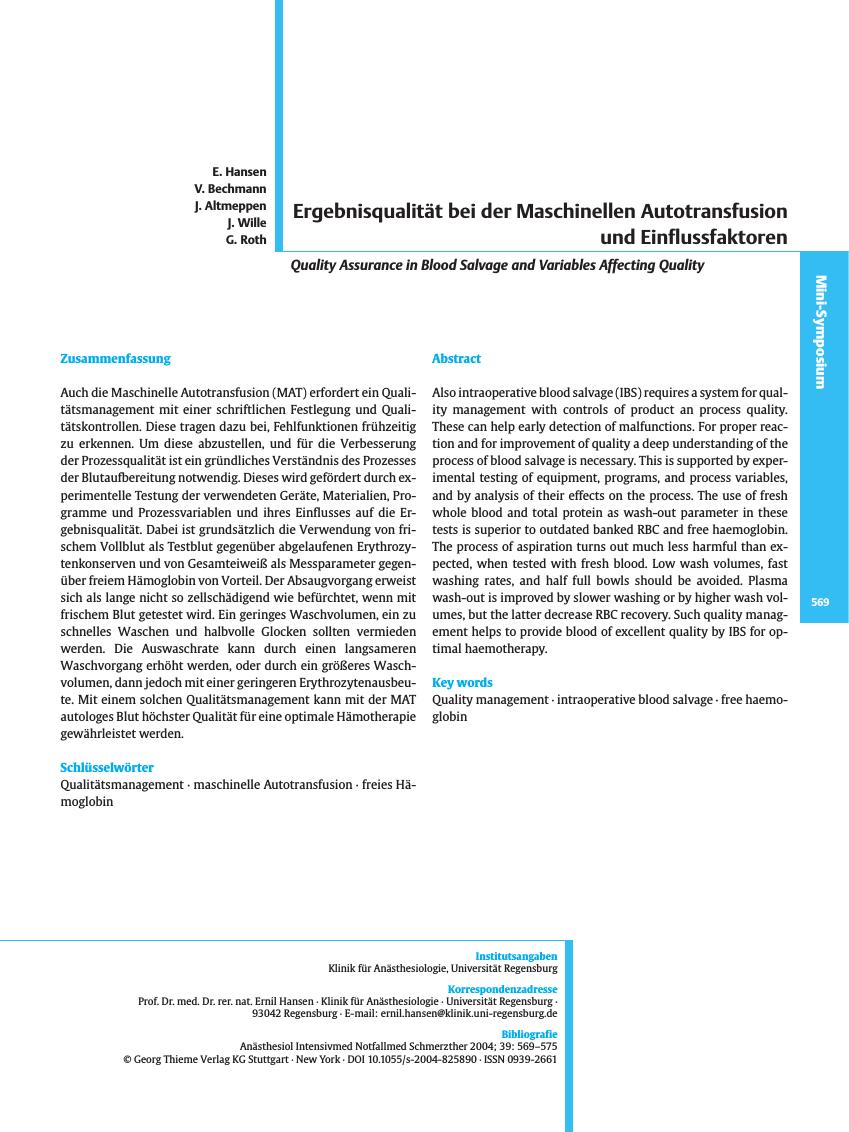 Vorschauseite 1: Ergebnisqualität bei der Maschinellen Autotransfusion und Einflussfaktoren