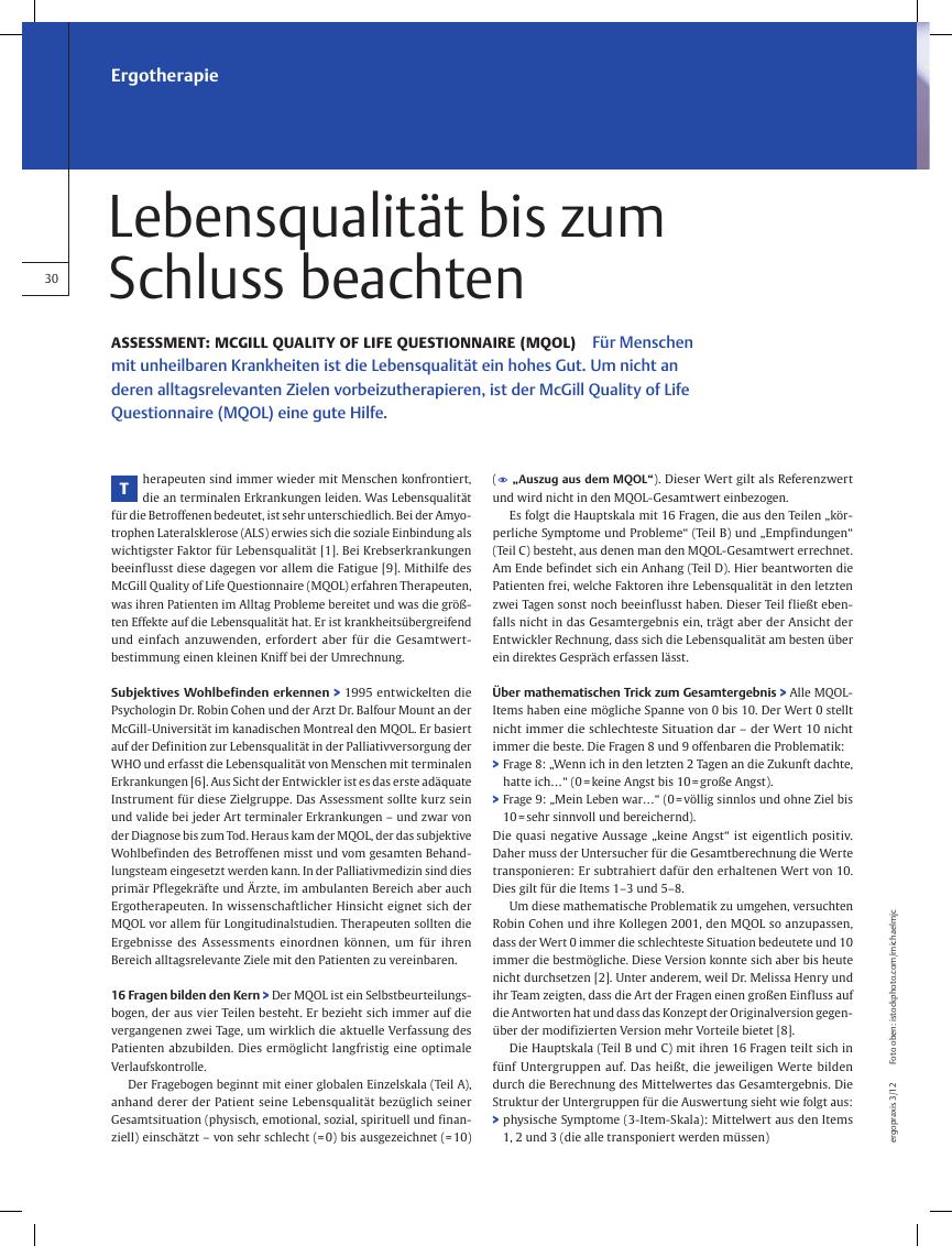 Vorschauseite 1: Assessment: McGill Quality of Life Questionnaire (MQOL) ? Lebensqualität bis zum Schluss beachten
