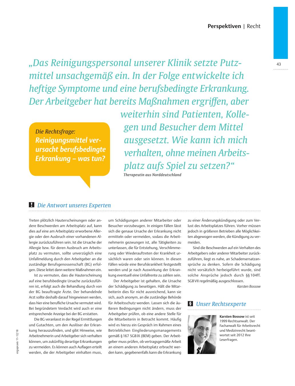 Vorschauseite 1: Die Rechtsfrage: Reinigungsmittel verursacht berufsbedingte Erkrankung ? was tun?