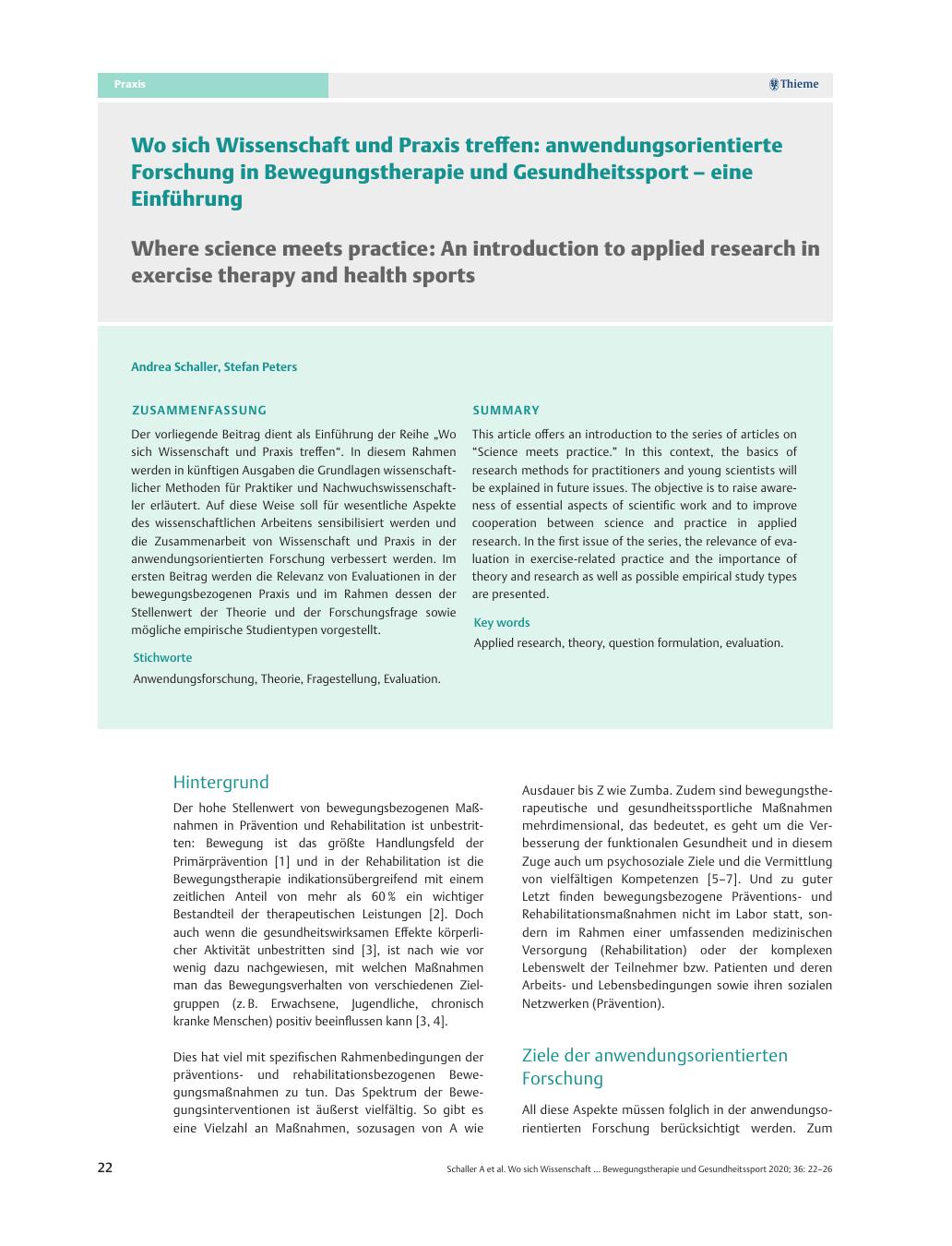 Vorschauseite 1: Wo sich Wissenschaft und Praxis treffen: anwendungsorientierte Forschung in Bewegungstherapie und Gesundheitssport – eine Einführung