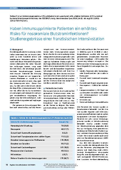 Vorschauseite 1: Haben immunsupprimierte Patienten ein erhöhtes Risiko für nosokomiale Blutstrominfektionen? Studienergebnisse einer französischen Intensivstation