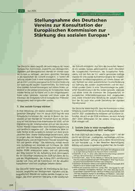 Vorschauseite 1: Stellungnahme des Deutschen Vereins zur Konsultation der Europäischen Kommission zur Stärkung des sozialen Europas.