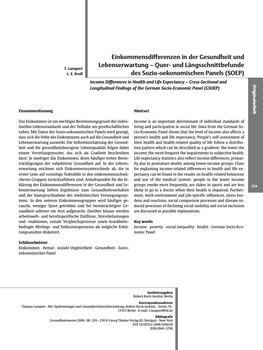 Vorschauseite 1: Einkommensdifferenzen in der Gesundheit und Lebenserwartung - Querund Längsschnittbefunde des Sozio-oekonomischen Panels (SOEP)