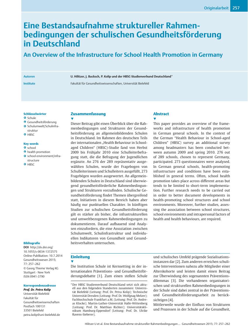 Vorschauseite 1: Eine Bestandsaufnahme struktureller Rahmenbedingungen der schulischen Gesundheitsförderung in Deutschland