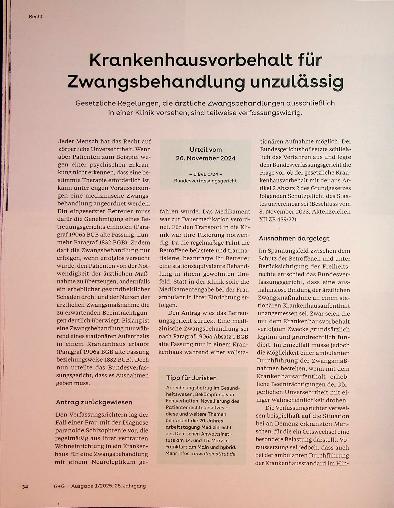 Vorschauseite 1: Krankenhausvorbehalt für Zwangsbehandlung unzulässig