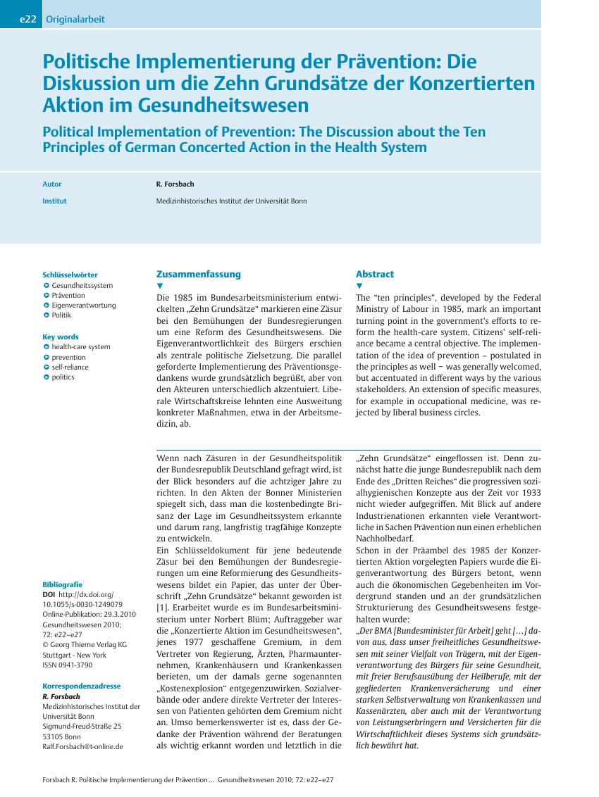 Vorschauseite 1: Politische Implementierung der Prävention: Die Diskussion um die Zehn Grundsätze der Konzertierten Aktion im Gesundheitswesen