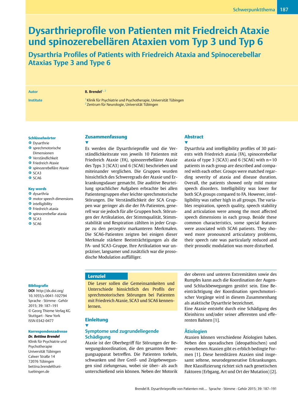 Vorschauseite 1: Dysarthrieprofile von Patienten mit Friedreich Ataxie und spinozerebellären Ataxien vom Typ 3 und Typ 6