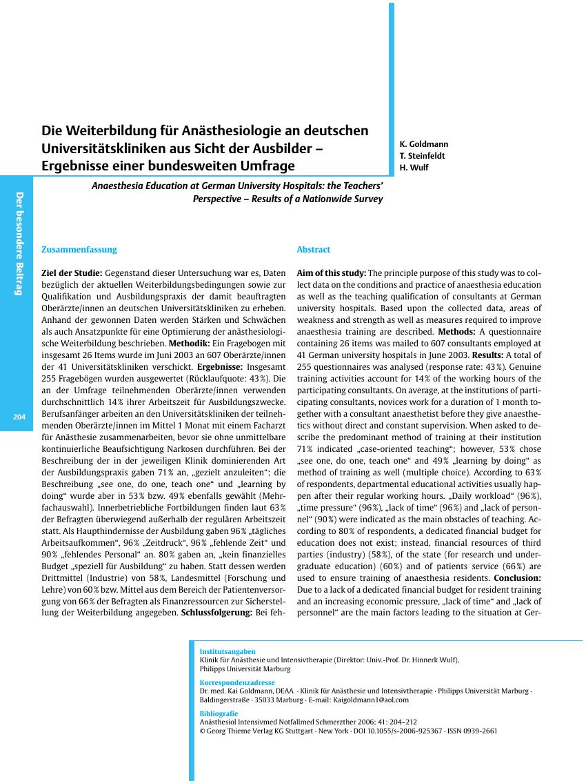 Vorschauseite 1: Die Weiterbildung für Anästhesiologie an deutschen Universitätskliniken aus Sicht der Ausbilder - Ergebnisse einer bundesweiten Umfrage