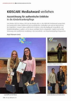 Vorschauseite 1: KIDSCARE MediaAward verliehen Auszeichnung für authentische Einblicke in die Kinderkrankenpflege