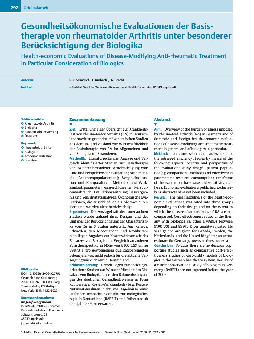 Vorschauseite 1: Gesundheitsökonomische Evaluationen der Basistherapie von rheumatoider Arthritis unter besonderer Berücksichtigung der Biologika
