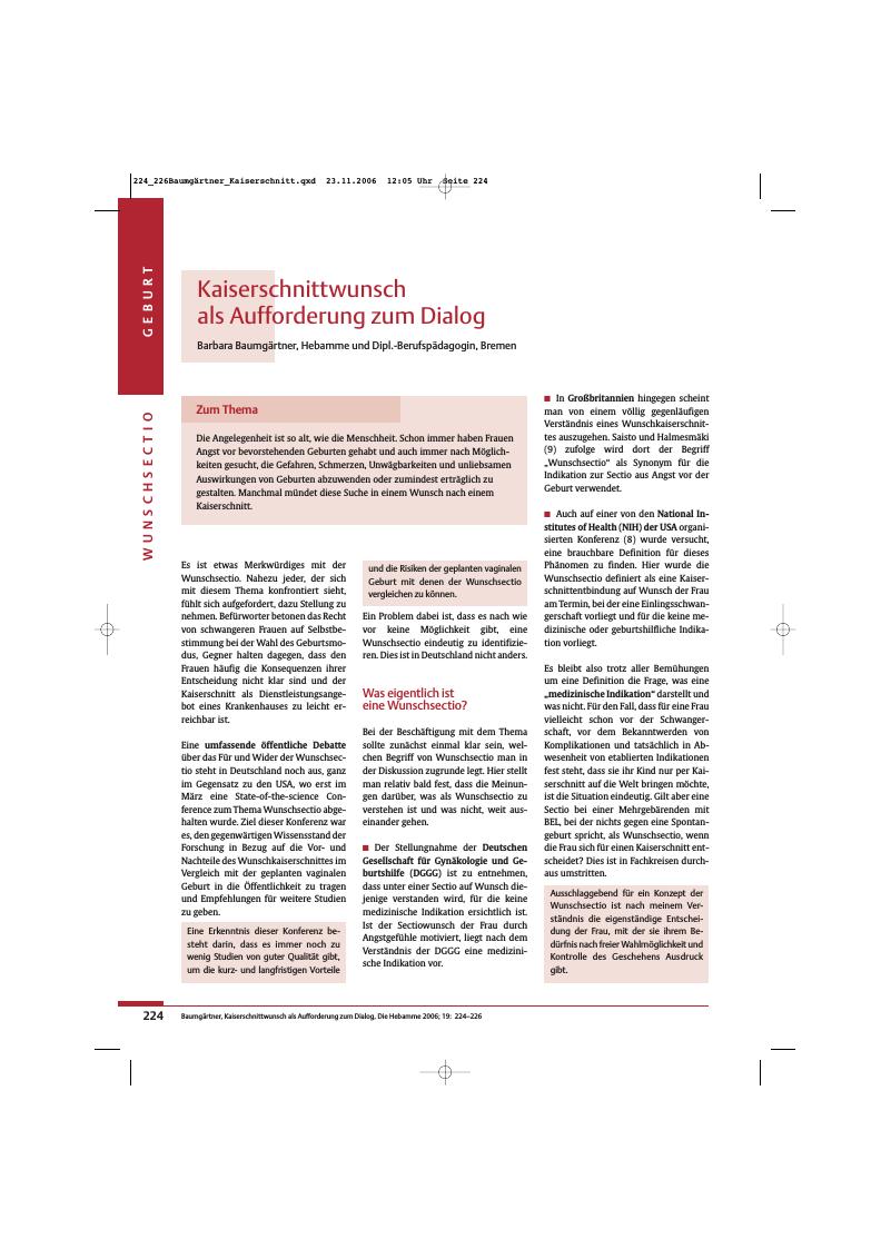 Vorschauseite 1: Kaiserschnittwunsch als Aufforderung zum Dialog