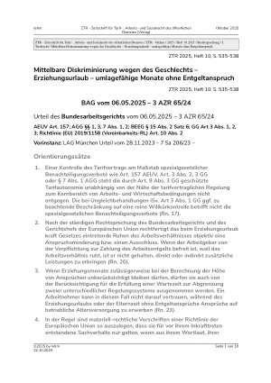 Vorschauseite 1: Mittelbare Diskriminierung wegen des Geschlechts – Erziehungsurlaub – umlagefähige Monate ohne Entgeltanspruch
