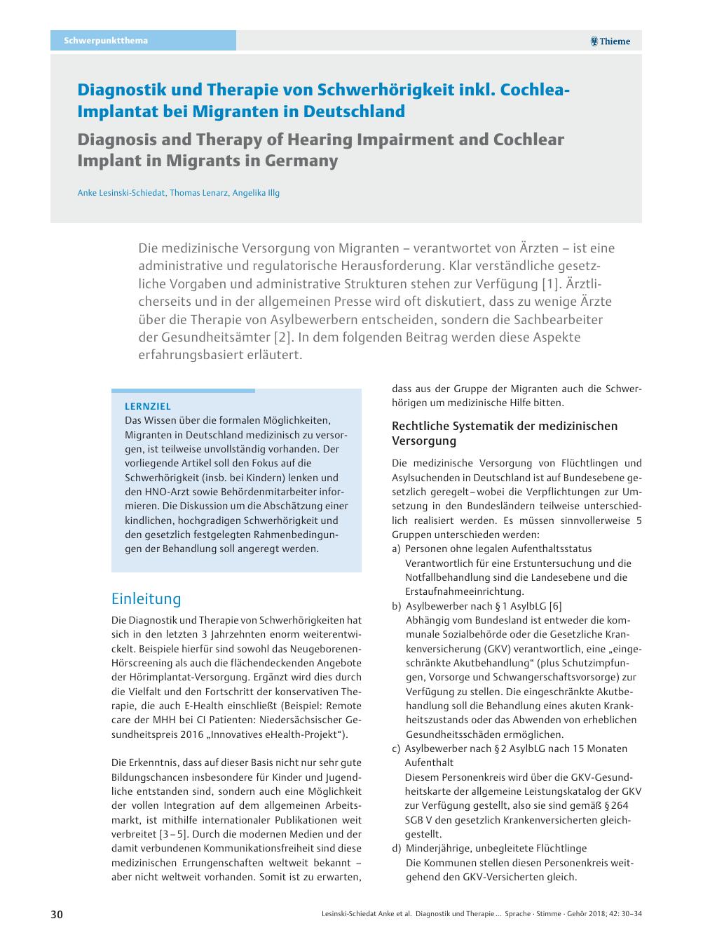 Vorschauseite 1: Diagnostik und Therapie von Schwerhörigkeit inkl. Cochlea-Implantat bei Migranten in Deutschland