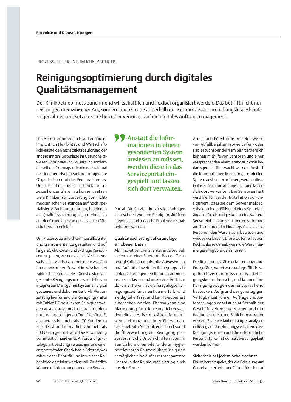 Vorschauseite 1: Prozesssteuerung im Klinikbetrieb: Reinigungsoptimierung durch digitales Qualitätsmanagement