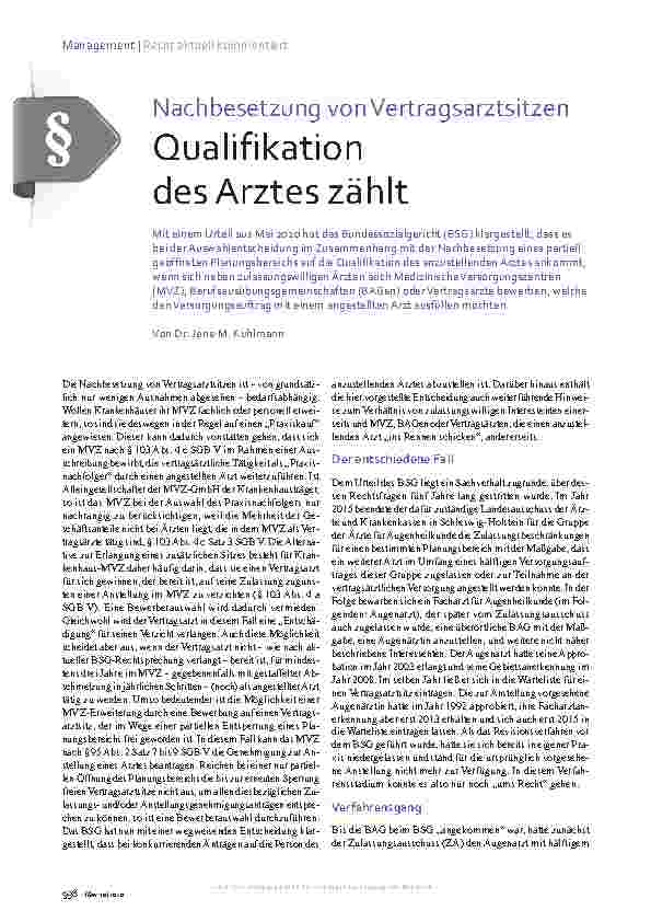 Vorschauseite 1: Nachbesetzung von Vertragsarztsitzen: Qualifikation des Arztes zählt