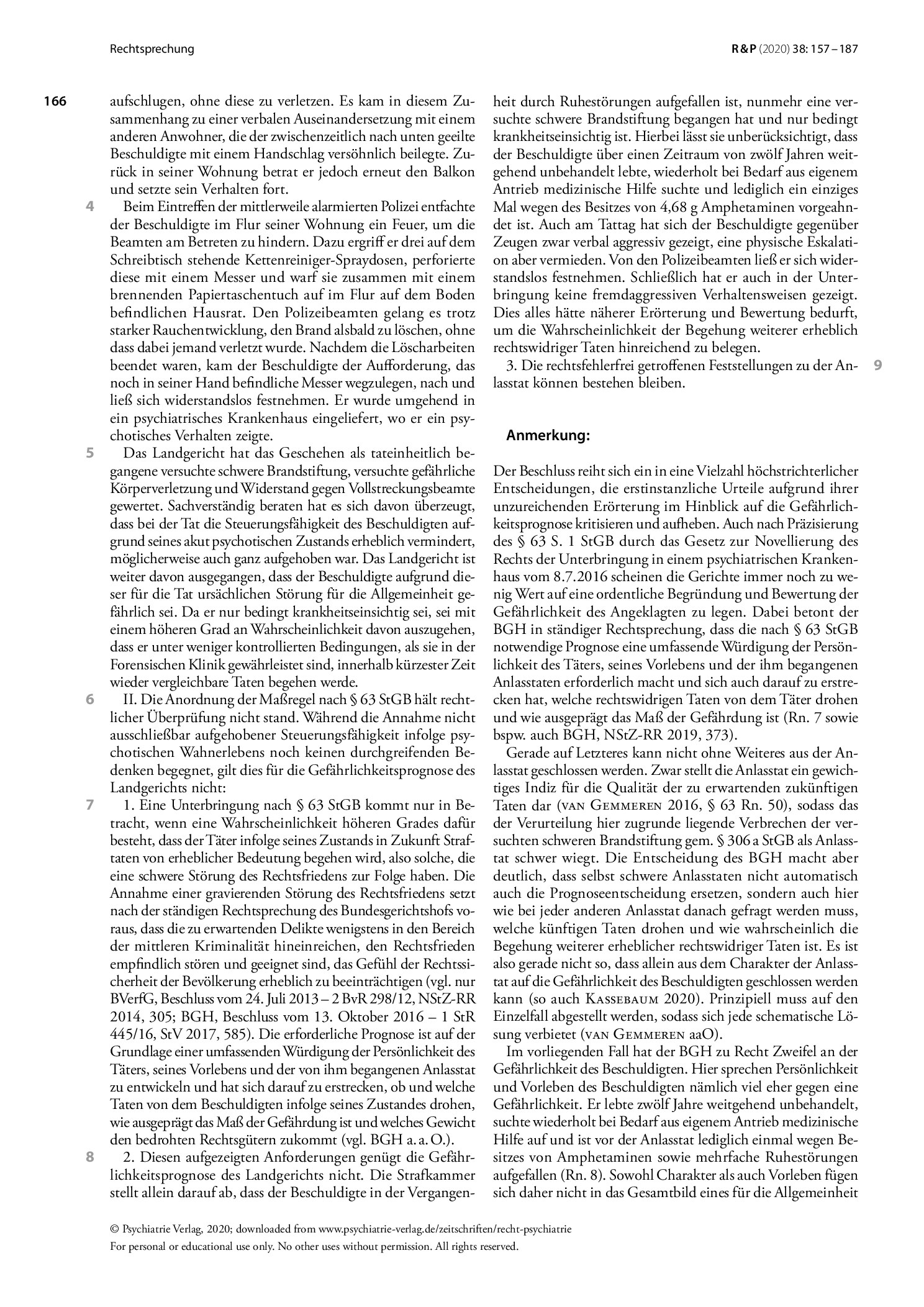 Vorschauseite 2: Unterbringung in einem psychiatrischen Krankenhaus; Anforderungen an die Gefahrenprognose