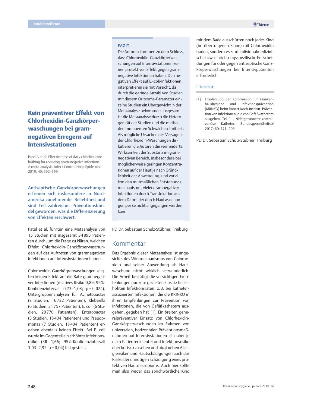 Vorschauseite 1: Kein präventiver Effekt von Chlorhexidin-Ganzkörperwaschungen bei gramnegativen Erregern auf Intensivstationen