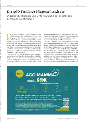 Vorschauseite 1: Die AGO Taskforce Pflege stellt sich vor Diagnostik, Therapie und Unterstützung bei Brustkrebs gemeinsam optimieren