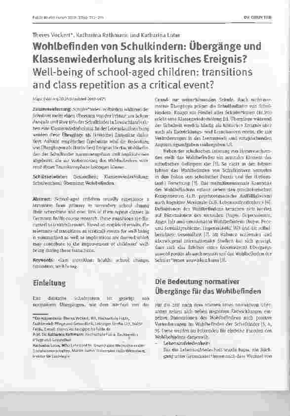 Vorschauseite 1: Wohlbefinden von Schulkindern: Übergänge und Klassenwiederholung als kritisches Ereignis?