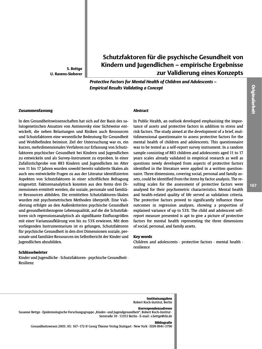 Vorschauseite 1: Schutzfaktoren für die psychische Gesundheit von Kindern und Jugendlichen - empirische Ergebnisse zur Validierung eines Konzepts