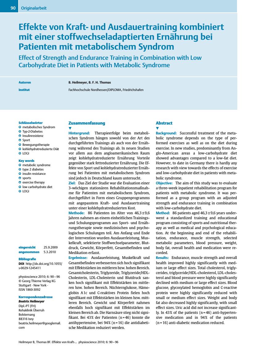 Vorschauseite 1: Effekte von Kraftund Ausdauertraining kombiniert mit einer stoffwechseladaptierten Ernährung bei Patienten mit metabolischem Syndrom