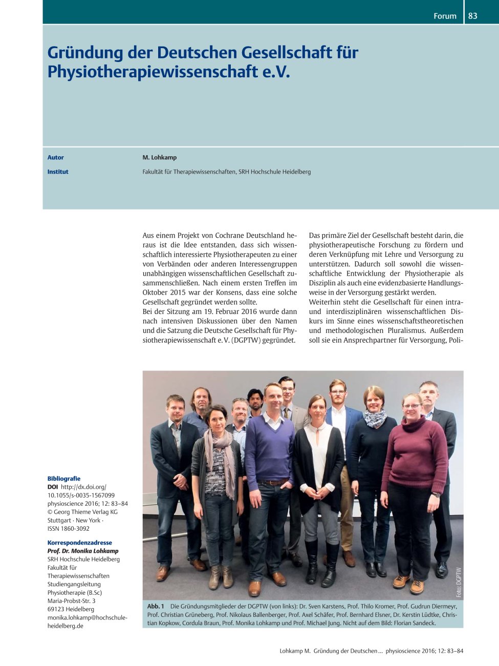 Vorschauseite 1: Gründung der Deutschen Gesellschaft für Physiotherapiewissenschaft e.V.
