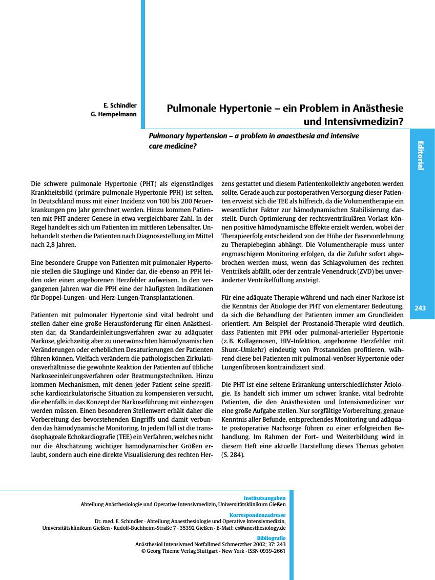 Vorschauseite 1: Pulmonale Hypertonie - ein Problem in Anästhesie und Intensivmedizin?