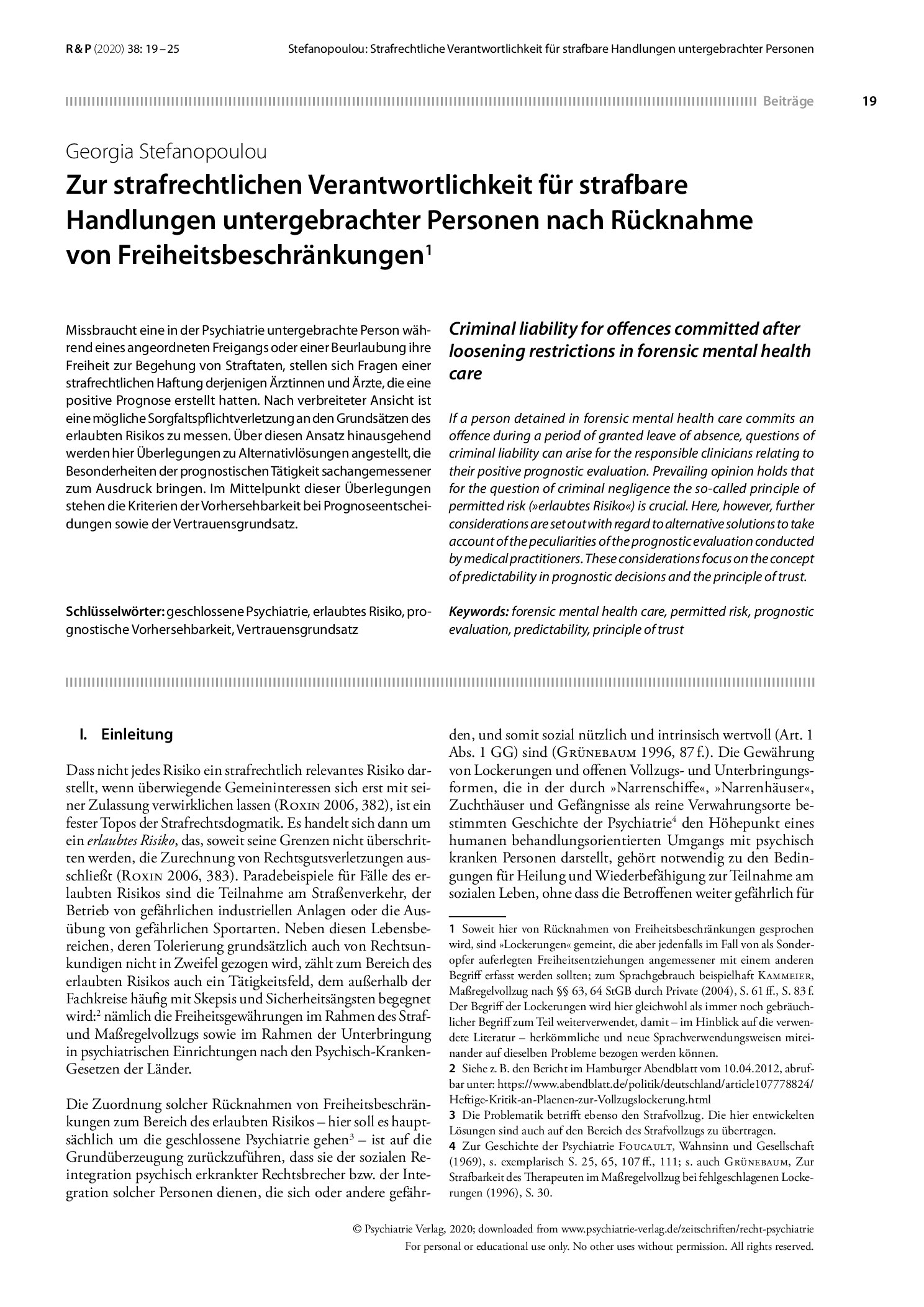 Vorschauseite 1: Zur strafrechtlichen Verantwortlichkeit für strafbare Handlungen untergebrachter Personen nach Rücknahme von Freiheitsbeschränkungen