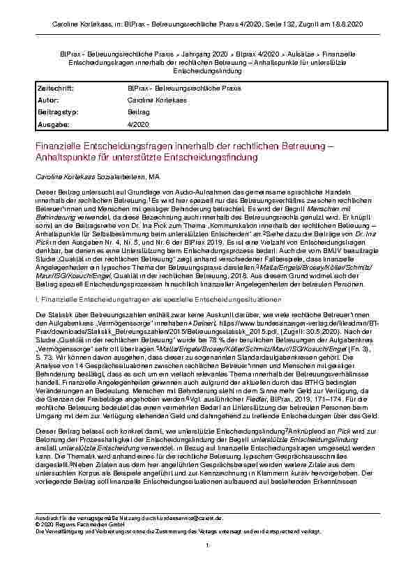 Vorschauseite 1: Finanzielle Entscheidungsfragen innerhalb der rechtlichen Betreuung – Anhaltspunkte für unterstützte Entscheidungsfindung
